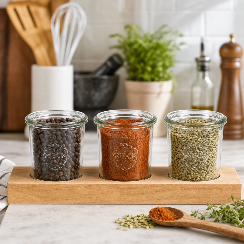 Kruiden in WECK bekers 140ml op serveerplank Plano3 Peperkorrels Paprika Venkelzaad Keukenorganisatie
