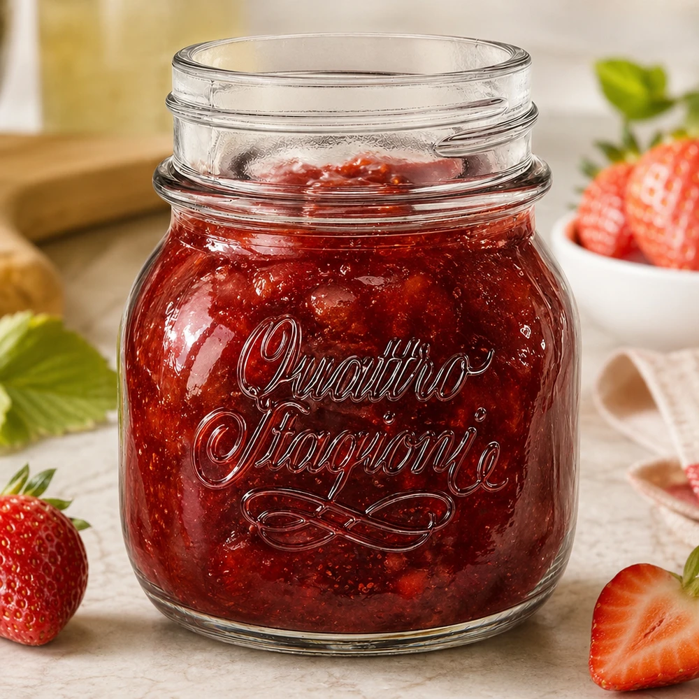 150ml huishoudglas "Quattro Stagioni" Huishoudpot Quattro Stagioni 150ml gevuld met rode aardbeienjam naast verse aardbeien op houten tafel