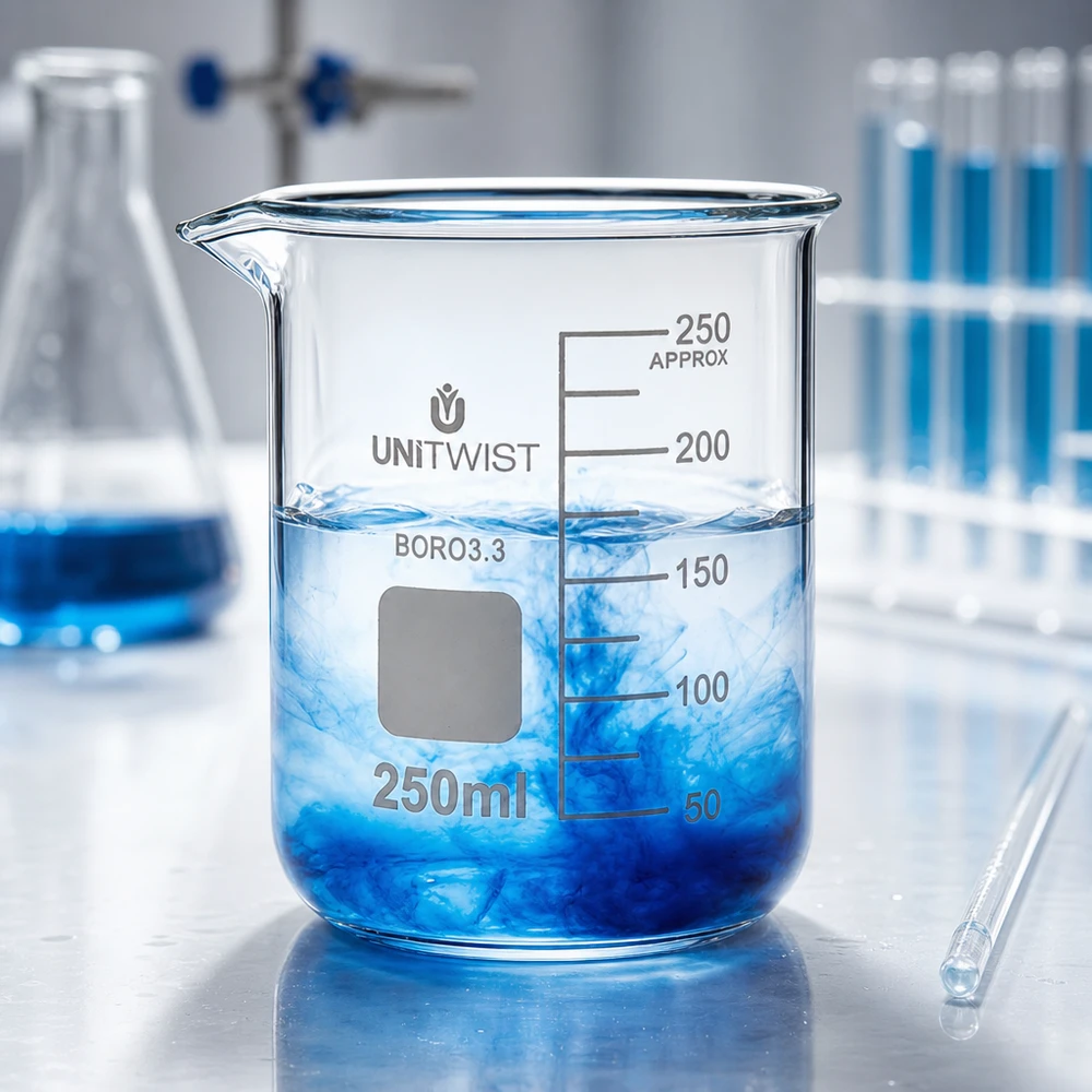 Borosilicaat bekerglas van 250 ml, laag model, met wit opschriftveld en helder glas UNiTWIST
