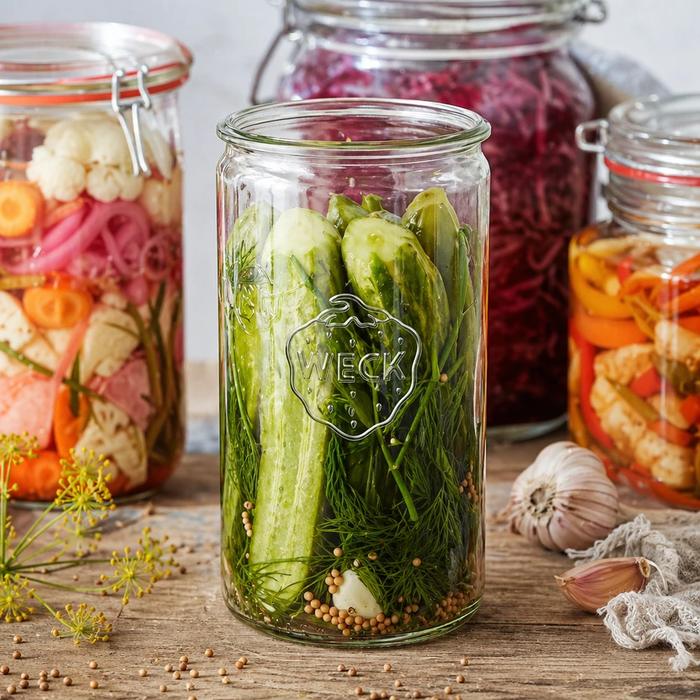 WECK RR100 cilinderpot 1590ml met ingemaakte augurken en dille naast kleurrijke inmaakpotten op houten plank