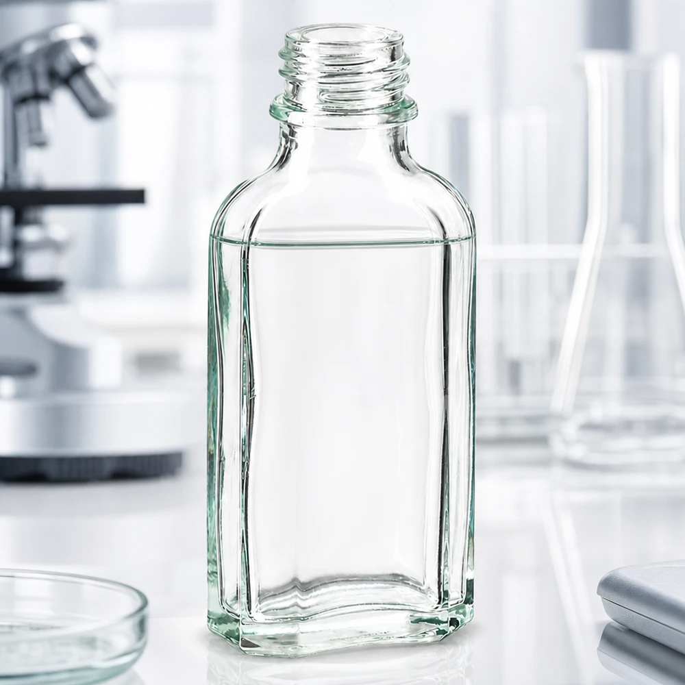 50 ml witte meplatfles met DIN 22 monding Doorzichtige Meplat-fles, glazen flesje van 50 ml met smalle DIN22-hals, zonder deksel