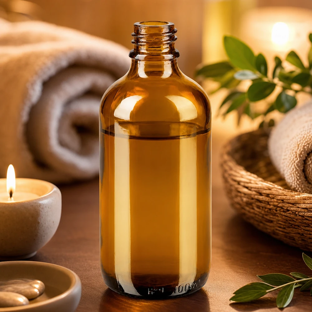 100ml bruine Apothekersfles ApoGlas Bruine ApoGlas apothekersfles van 100 ml in een warme wellnesssfeer met kaarsendoekjes en groene bladeren