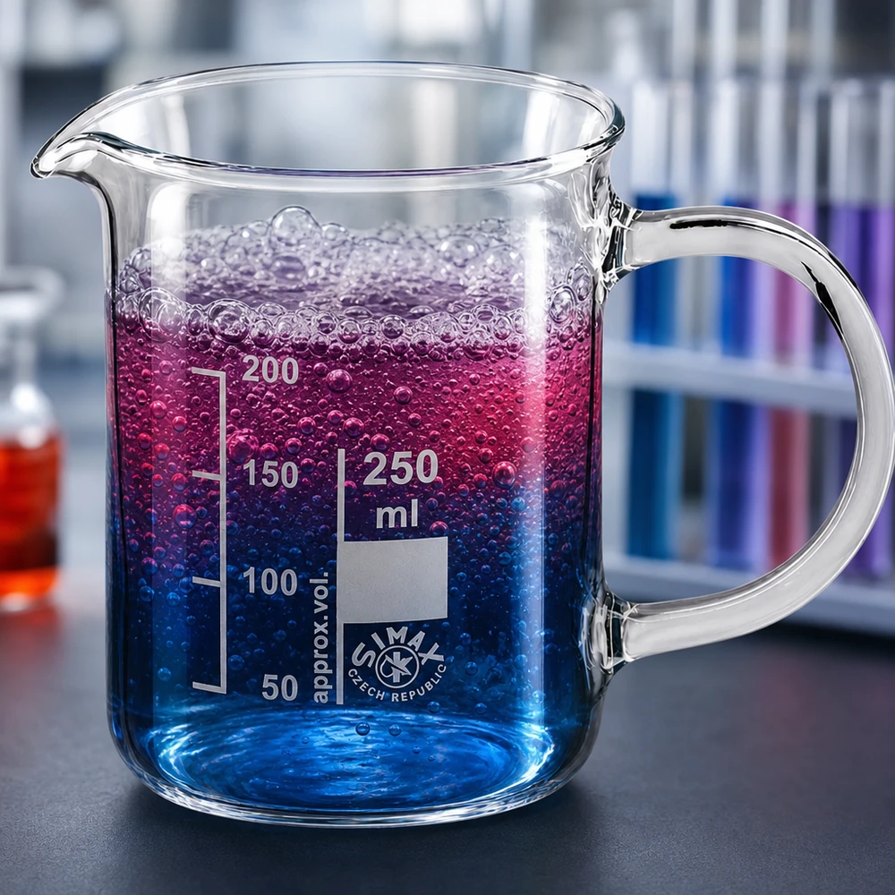 Bekerglas 250 ml van hittebestendig borosilicaatglas met handvat Cilindrisch bekerglas van 250 ml, van borosilicaatglas, met schenktuit, handvat en paarse oplossing