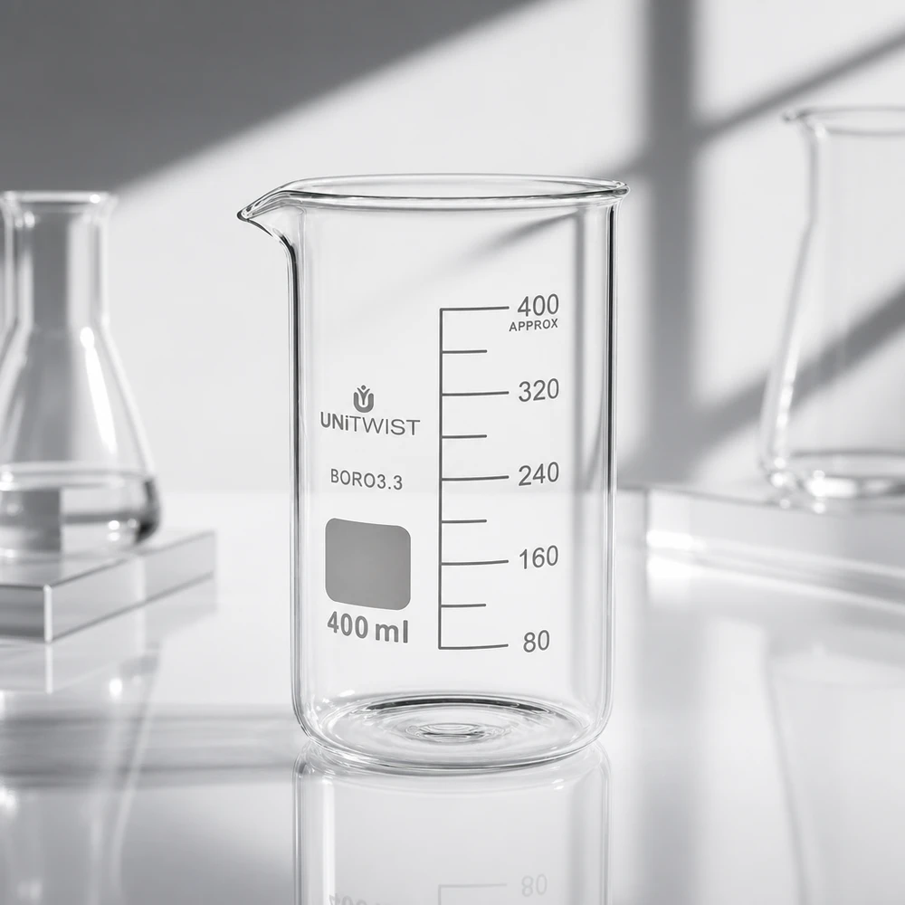 Beker 400ml borosilicaat, hoge vorm UNITWIST Chemieglas, hoge bekerglasvorm van 400 ml, gemaakt van borosilicaatglas, met een getrapte volumeschaal tot 400 ml