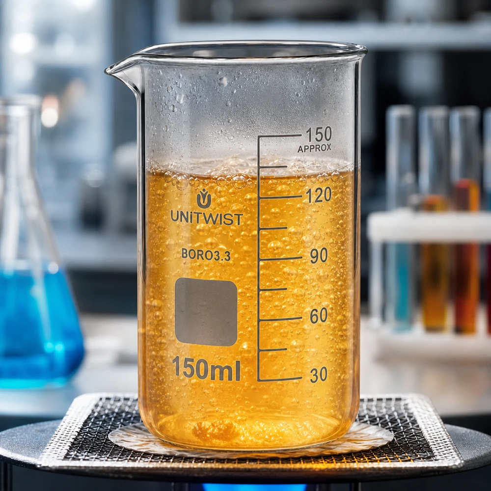 Beker 150ml borosilicaat, hoge vorm UNITWIST UNITWIST-scheikundelaboratorium: bekerglas van 150 ml, borosilicaatglas, hoge vorm, met exotherme oranje vloeistof