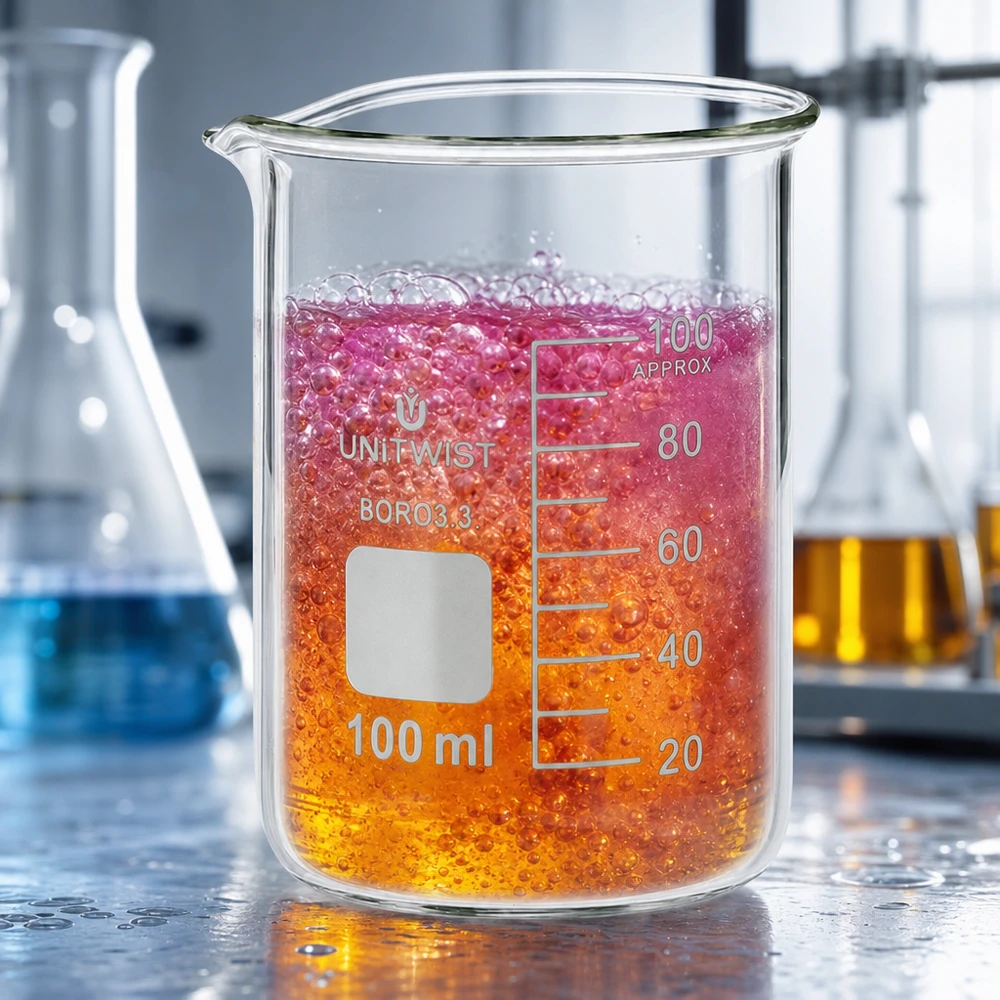 UNiTWIST laboratoriumglas 100 ml, laag model, met een oranje-rode chemische stof die bellen vormt