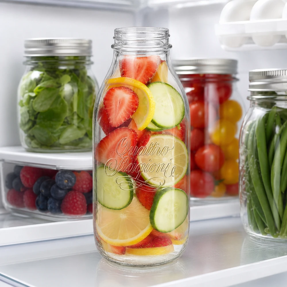 1000 ml fles met wijde hals "Quattro Stagioni" Quattro Stagioni 1000ml Weithalsflasche mit Obst und Gemüse im Kühlschrank für Infused Water und Meal Prep