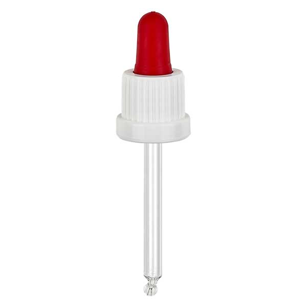Glazen druppelpipet wit/rood 18 mm PL66 garantiesluiting VR Glazen druppelpipet wit/rood 18 mm PL66 garantiesluiting VR
