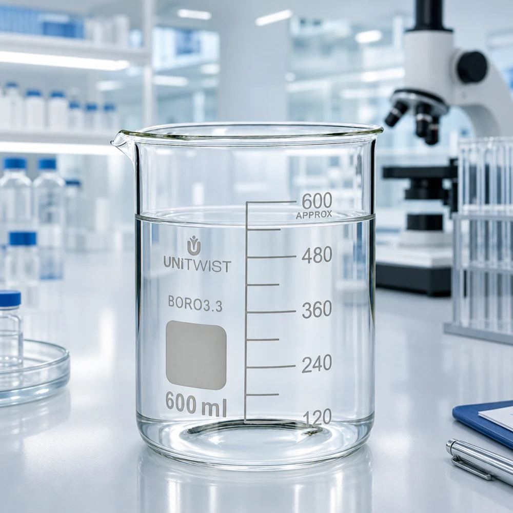UNiTWIST borosilicaat bekerglas 600 ml met lage handgreep, voor chemische laboratoriumtoepassingen