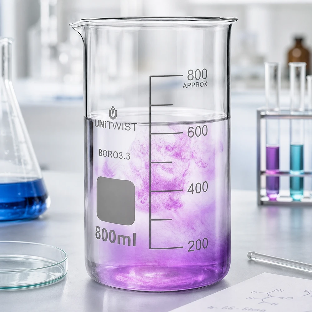 Beker 800ml borosilicaat, hoge vorm UNITWIST Doorzichtig borosilicaat laboratoriumbeker van 800 ml van UNITWIST met een gekleurde reactie aan de binnenkant