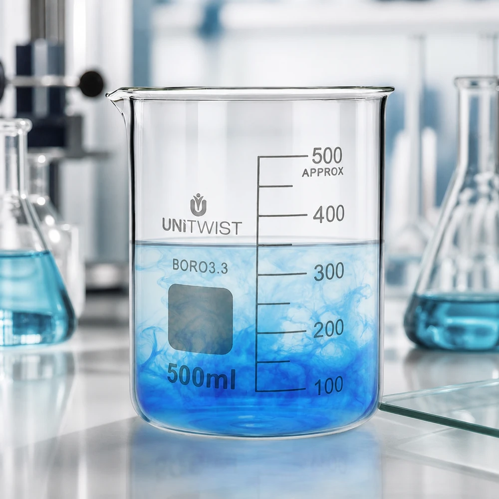 Laboratoriumbeker van 500 ml, UNiTWIST, van borosilicaatglas, met lage vorm, omringd door Erlenmeyer-kolven in het laboratorium