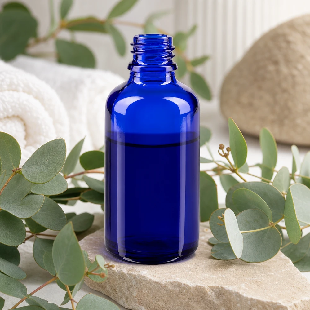 Blauwe glazen fles 50ml Professionele ApoGlas apothekersfles 50ml in blauw voor nauwkeurig doseren en bewaren van extracten