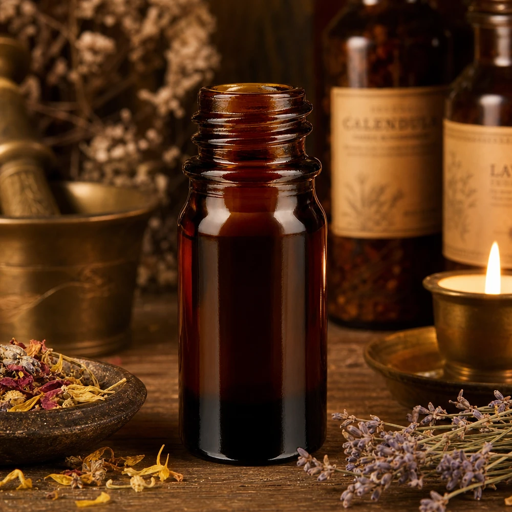 Bruine glazen fles 5ml 5ml bruin glazen flesje ApoGlas met geneeskrachtige kruiden vijzel en kaars in een natuurlijke apothekerssfeer