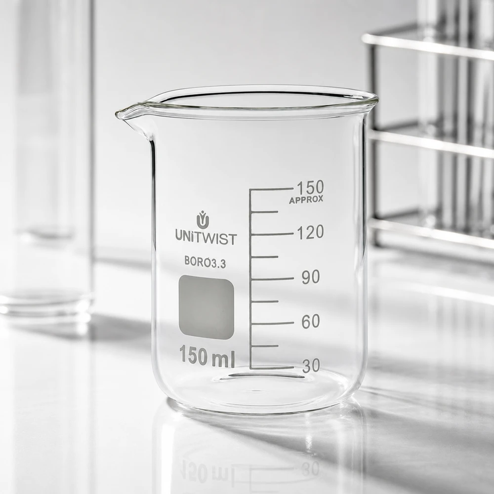UNiTwist laboratoriumglas 150 ml, borosilicaat, lage vorm met schaalverdeling van 30 tot 150 ml