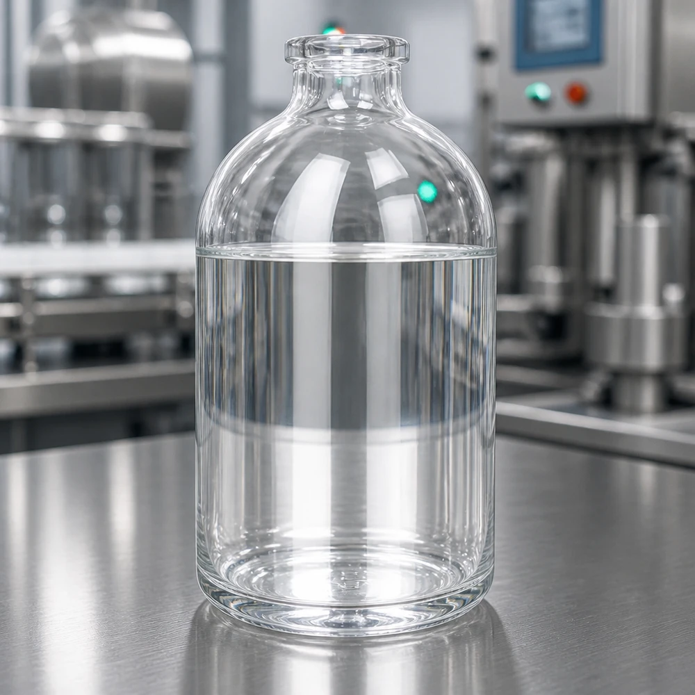 Injectiefles helder glas 100ml Medizinische Klarglasflasche 100ml mit flachem Standboden vor industriellem Maschinenhintergrund