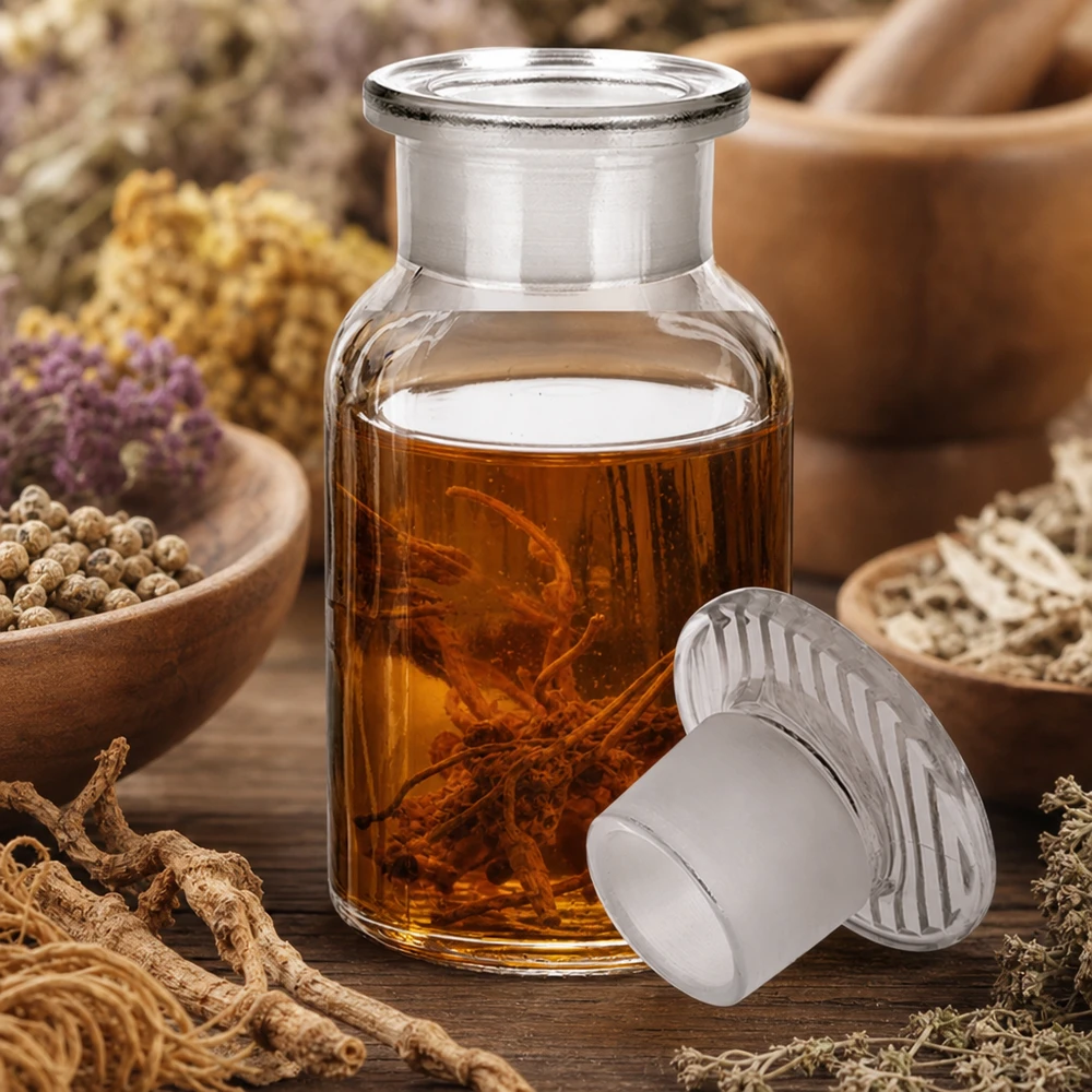Apothekersfles 100 ml wijde hals helder glas incl. glazen stop Kleine voorraadfles van 100 ml, helder glas, met glazen stop met brede hals, voor natuurgeneeskunde en cosmetica