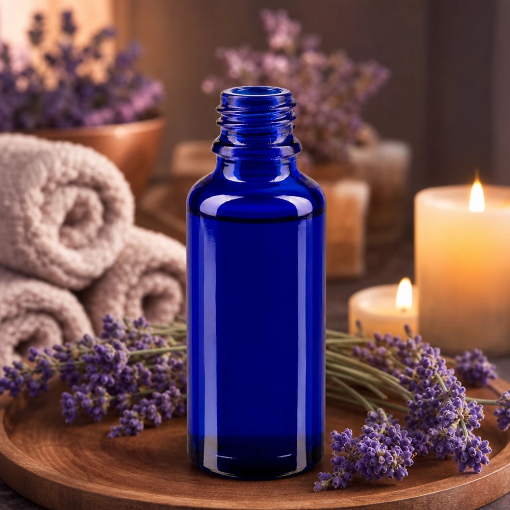 Compacte blauwe ApoGlas-fles van 30 ml, ideaal voor het bewaren van lavendelolie en essences
