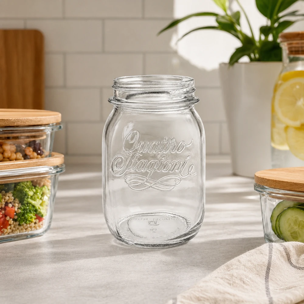 500ml huishoudglas "Quattro Stagioni" 500ml Quattro Stagioni huishoudpot zonder deksel op keukenblad met andere voorraadpotten op de achtergrond