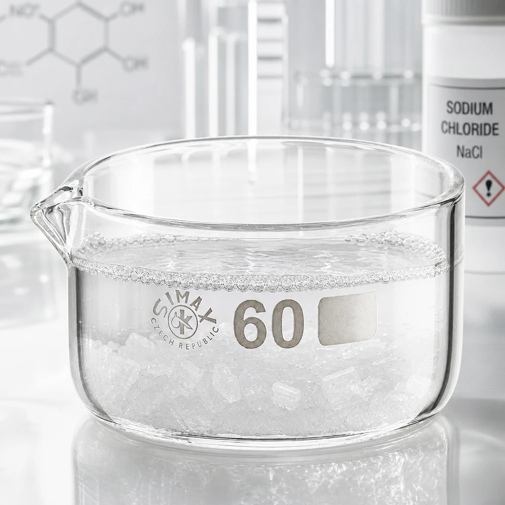 Simax kristallisatieschaal 60 ml, bodembreedte 60 mm, platte glazen schaal, laboratoriumuitvoering, uitgietopening aan de zijkant