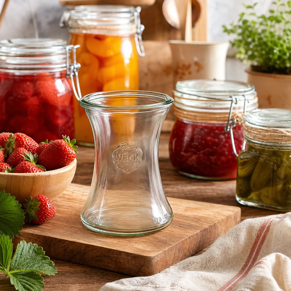 WECK RR80 delicatessenpot 370ml in keukenset met inmaakpotten, aardbeien en houten plank als decoratie