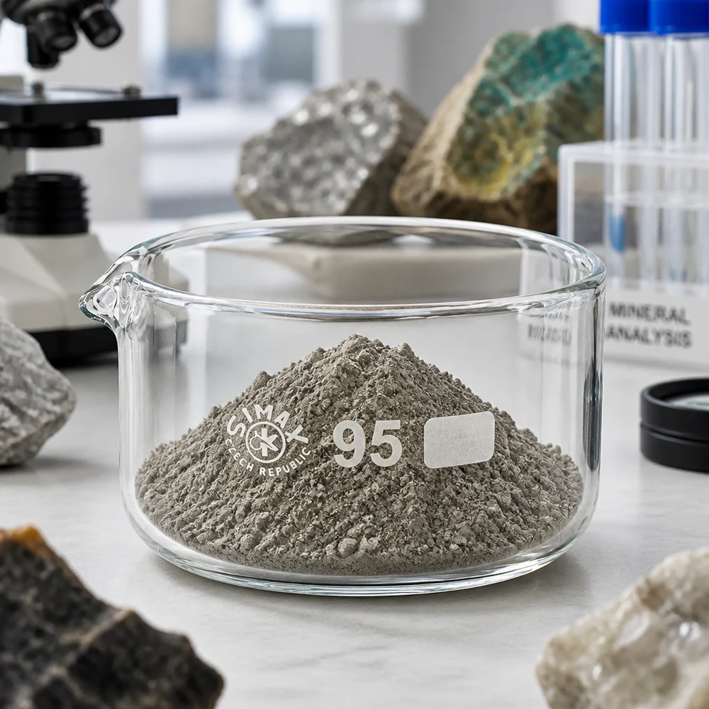 Kristalliseerschaal 300ml met schenktuit Laboratoriumschaal ø95 mm SIMAX Tsjechië met gemalen mineraal op een wit laboratoriumoppervlak