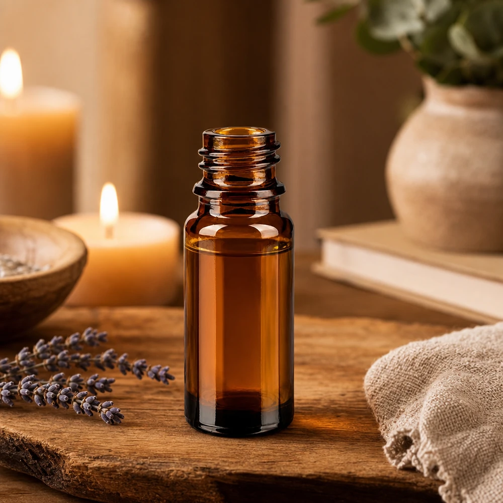 Bruine glazen fles 10ml 10ml bruin apothekersflesje ApoGlas met lavendelbloesem kaarsen en aromatherapie accessoires op houten dienblad