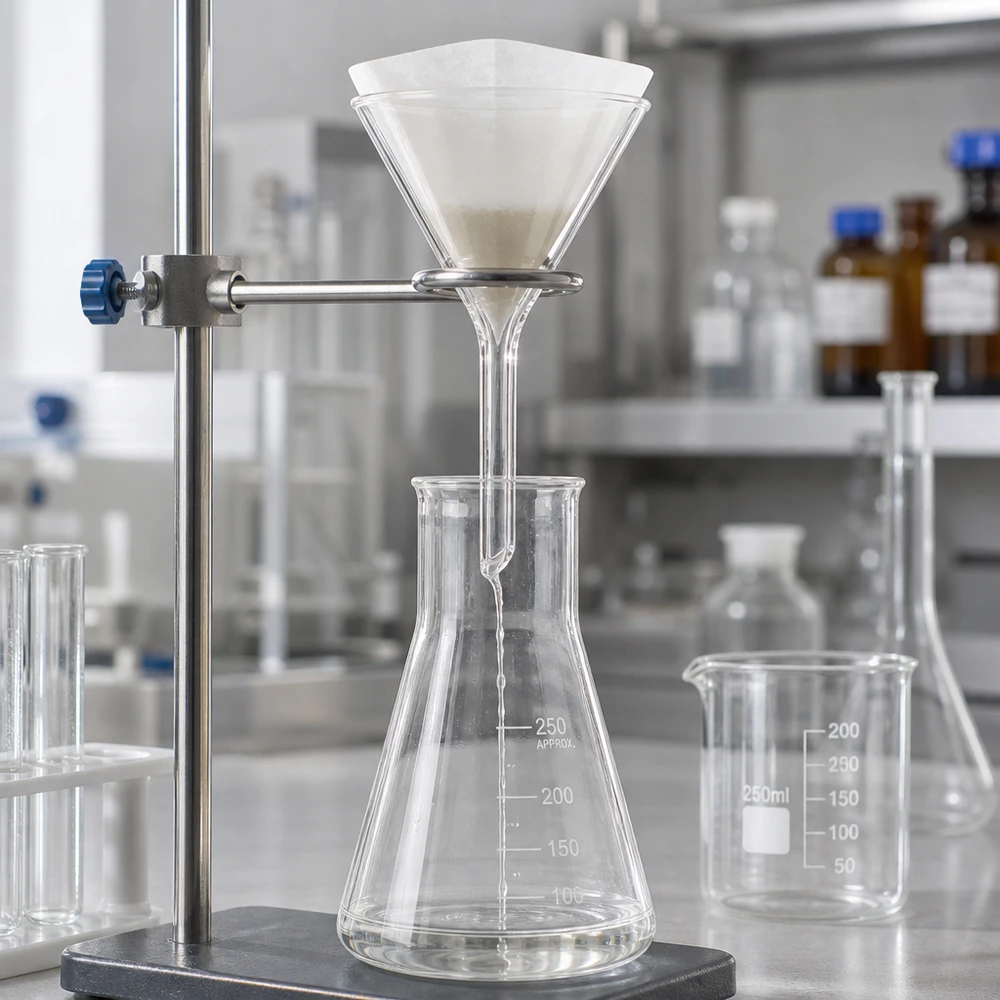 Glazen trechter Ø 45mm - borosilicaat 3.3 - 60° hoek Transparante glazen trechter met een diameter van 45 mm en een hoek van 60 graden voor chemische laboratoriumtoepassingen