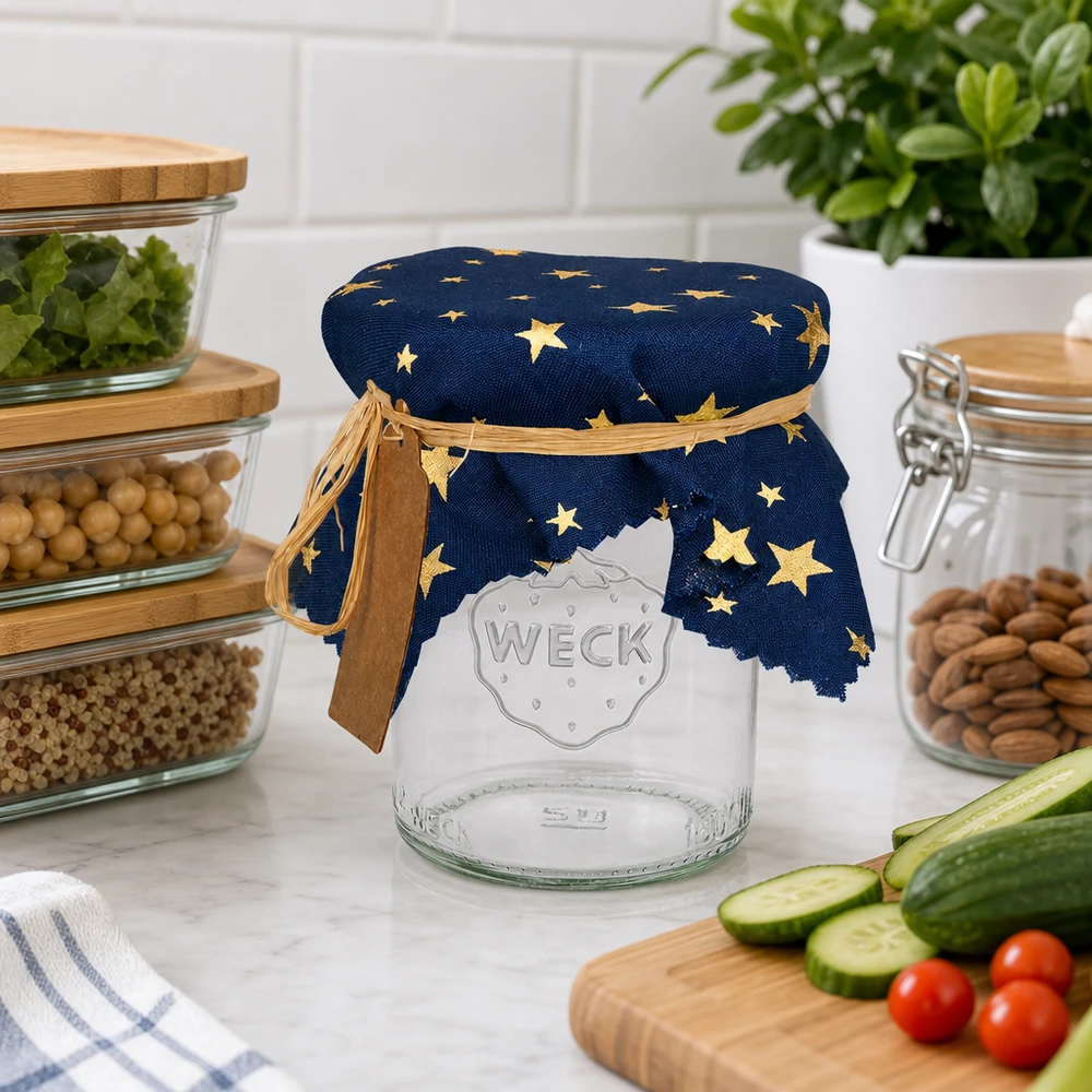 Stoffen doily met ster decoratie op voorraadpot naast keukengerei en groenten - blauwe doily 15cm