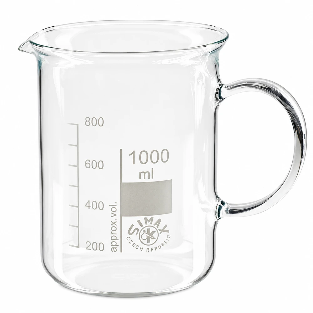Bekerglas 1000 ml van hittebestendig borosilicaatglas met handvat Doorzichtig laboratoriumglas van 1 liter met handvat, maatverdeling van 200 tot 800 ml, borosilicaatglas