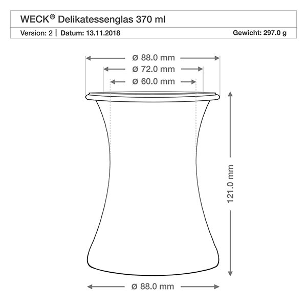 WECK Delikatessengl 370ml RR80 technische tekening Afmetingen Diameter Hoogte Productspecificatie