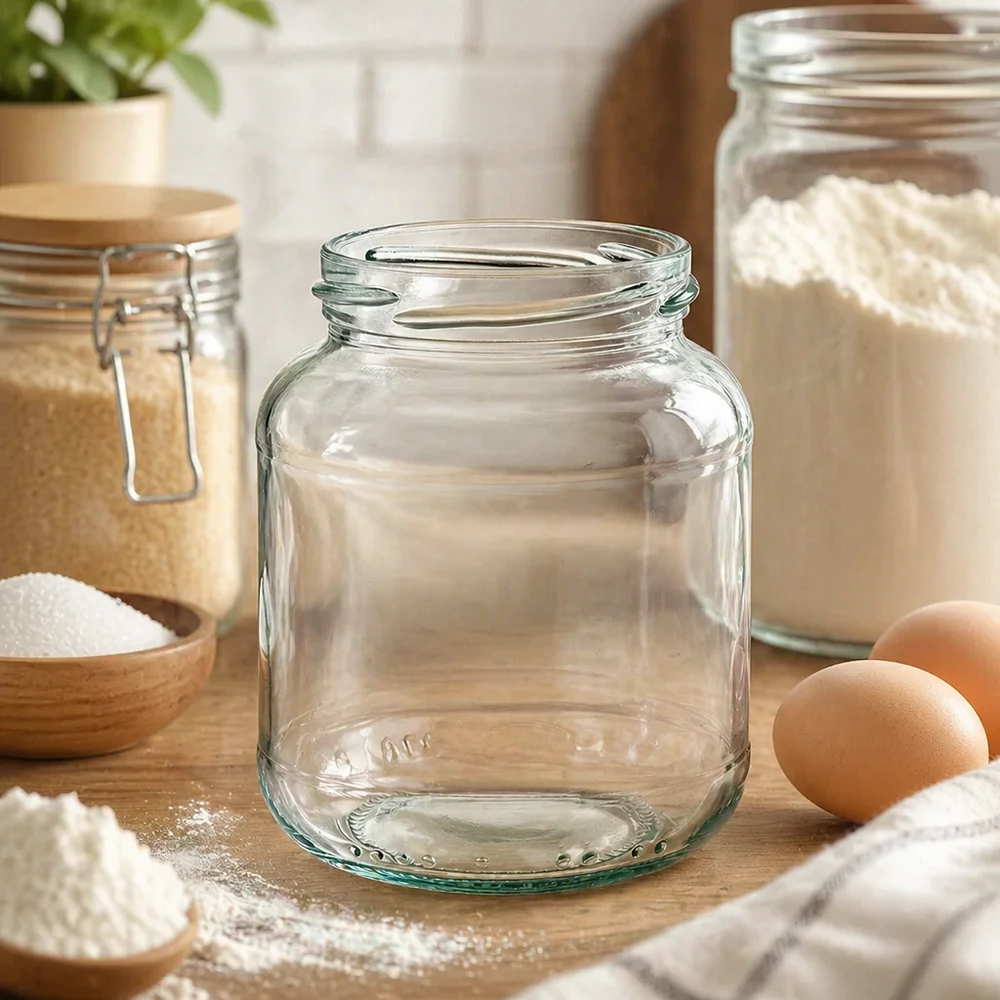 UNiTWIST Oval370 inmaakpot 370ml leeg op houten tafel met bloem, eieren en keukengerei op de achtergrond