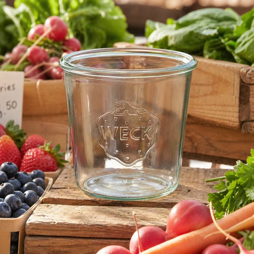 580ml stortglas WECK RR100 580ml WECK RR100 inmaakpot op houten plank met verse groenten en fruit van de markt