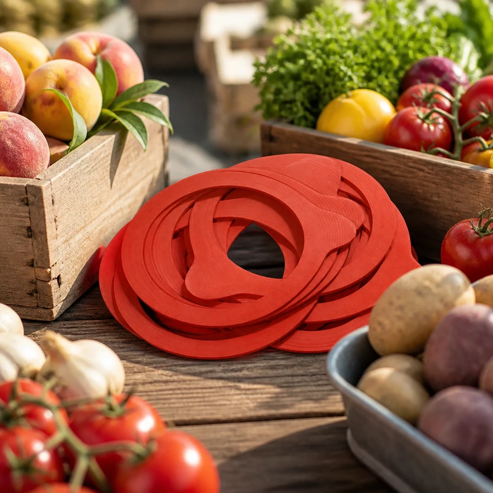 Inlegring van natuurrubber RR80 Einkochring RR80 Naturgummi rot auf rustikalem Holztisch mit frischem Obst Gemüse Marktstand Atmosphäre Einkochen