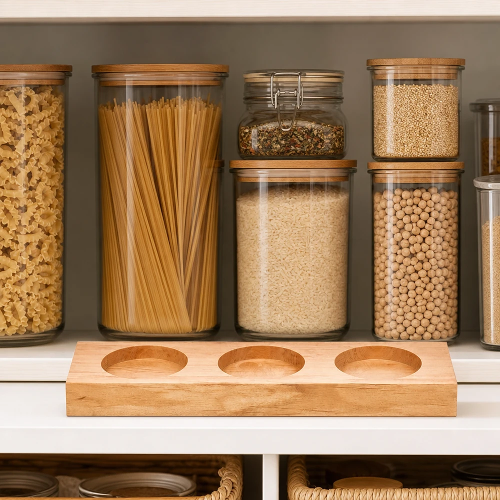 Plano3 serveerplank voor WECK potten in georganiseerde voorraadkeuken met pasta en peulvruchten in voorraadpotten
