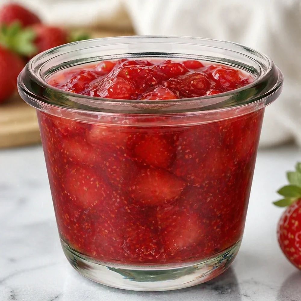 WECK Gourmetpot RR60 80ml gevuld met rode aardbeienjam tussen verse aardbeien op een marmeren werkblad