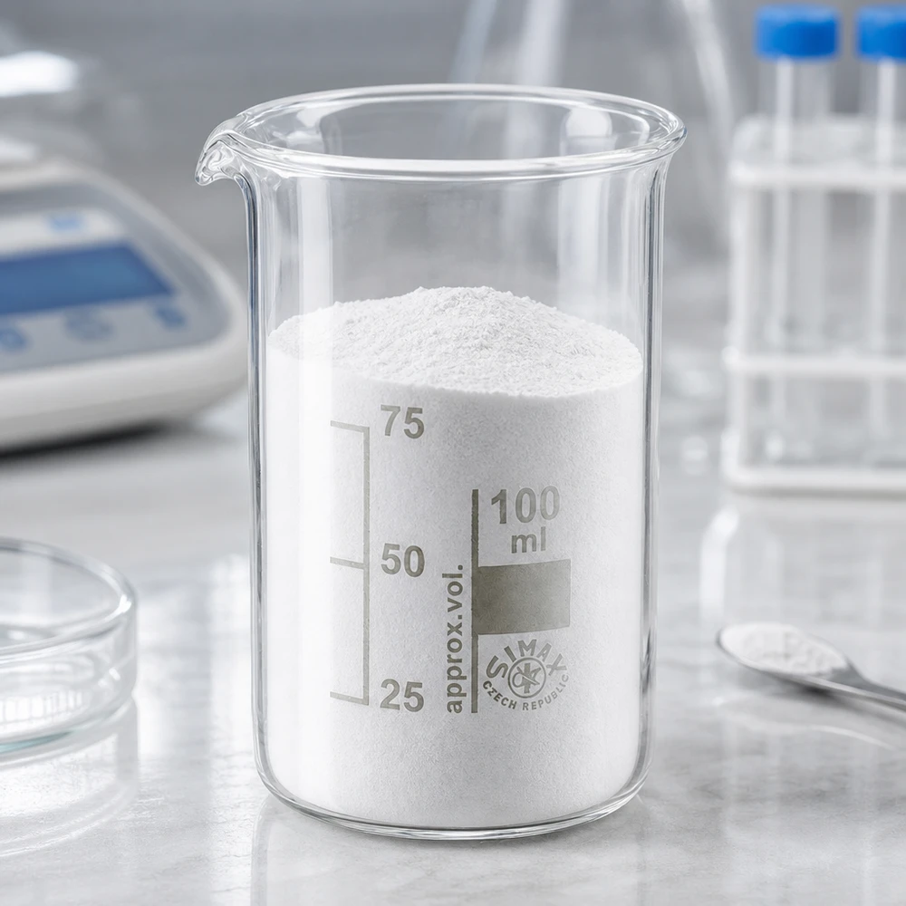 Bekerglas 100 ml van hittebestendig borosilicaatglas (hoog model) Doorzichtig borosilicaatglas, 100 ml, hoge vorm, gevuld met een flinke hoeveelheid wit poeder in het laboratorium