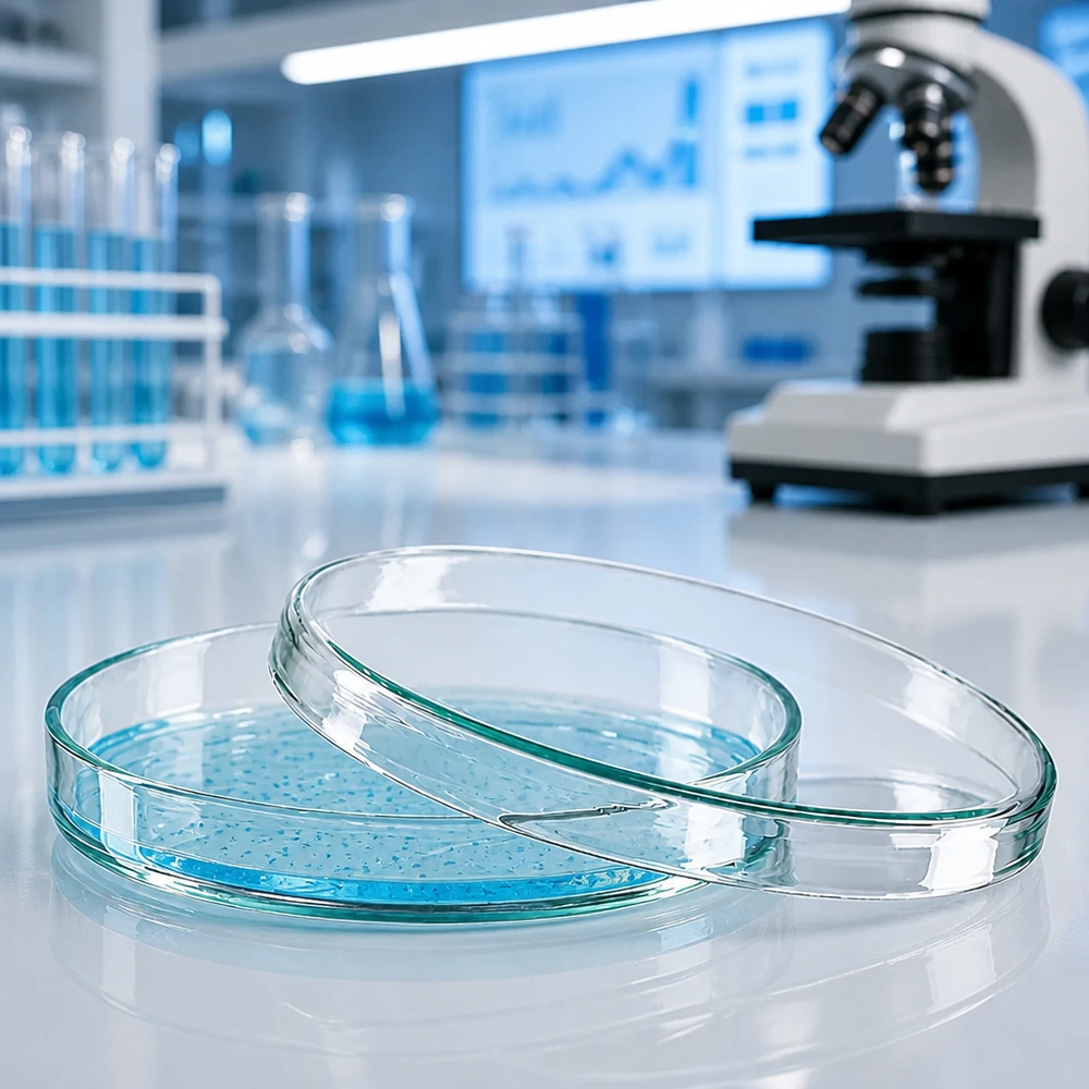 Glazen petrischaal van 100 x 15 mm voor celkweek met blauwe agar op een wit laboratoriumblad