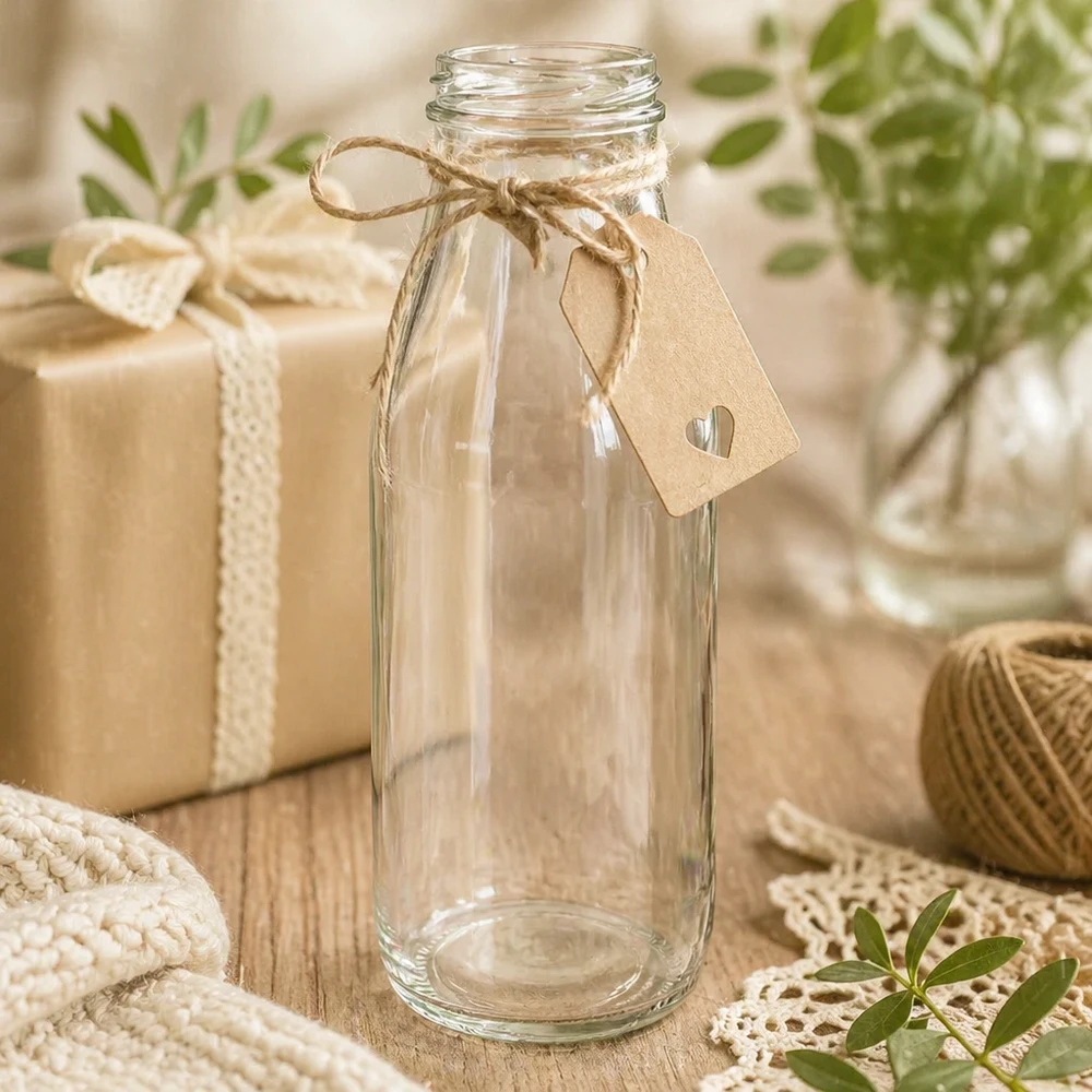 500 ml glazen fles TO48 UNiTWIST leeg met kraftpapier label en jute koord gedecoreerd als geschenkverpakking