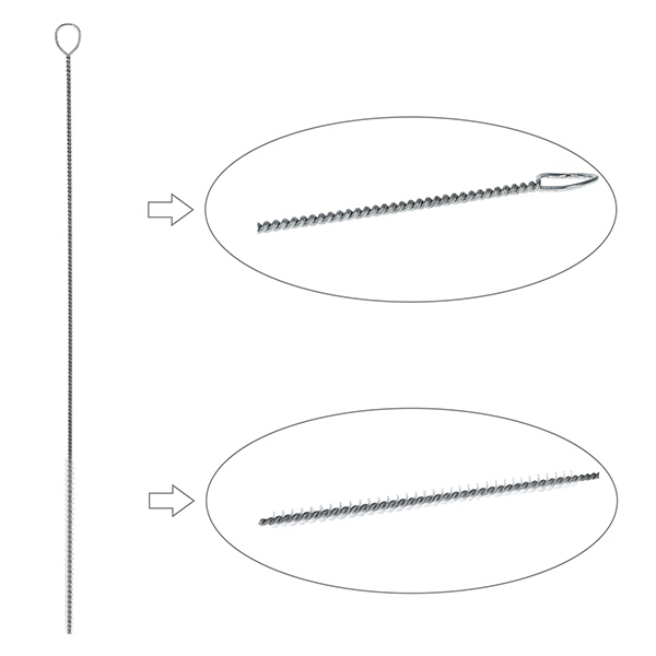 Reinigingsborstel rond maat S met oogje ⌀4mm. Ideaal voor het reinigen van pipetten en trechters. Gemaakt van nylon haren. 27 cm totale lengte.