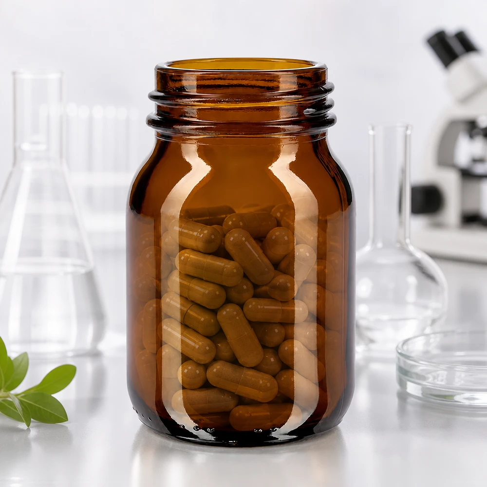 75ml amberkleurig glazen flesje met wijde hals en DIN 40 afwerking Compacte amberkleurige glazen apothekersfles van 75 ml met brede opening voor medicijnen