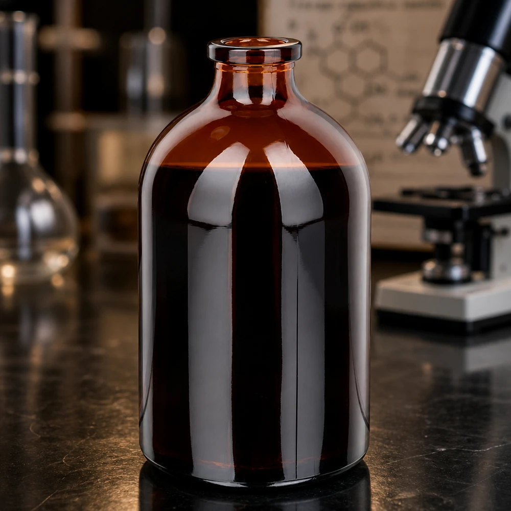 Injectiefles bruin glas 100ml Hochwertige Braunglas Injektionsflasche 100ml mit glänzender Oberfläche auf schwarzer Laborplatte