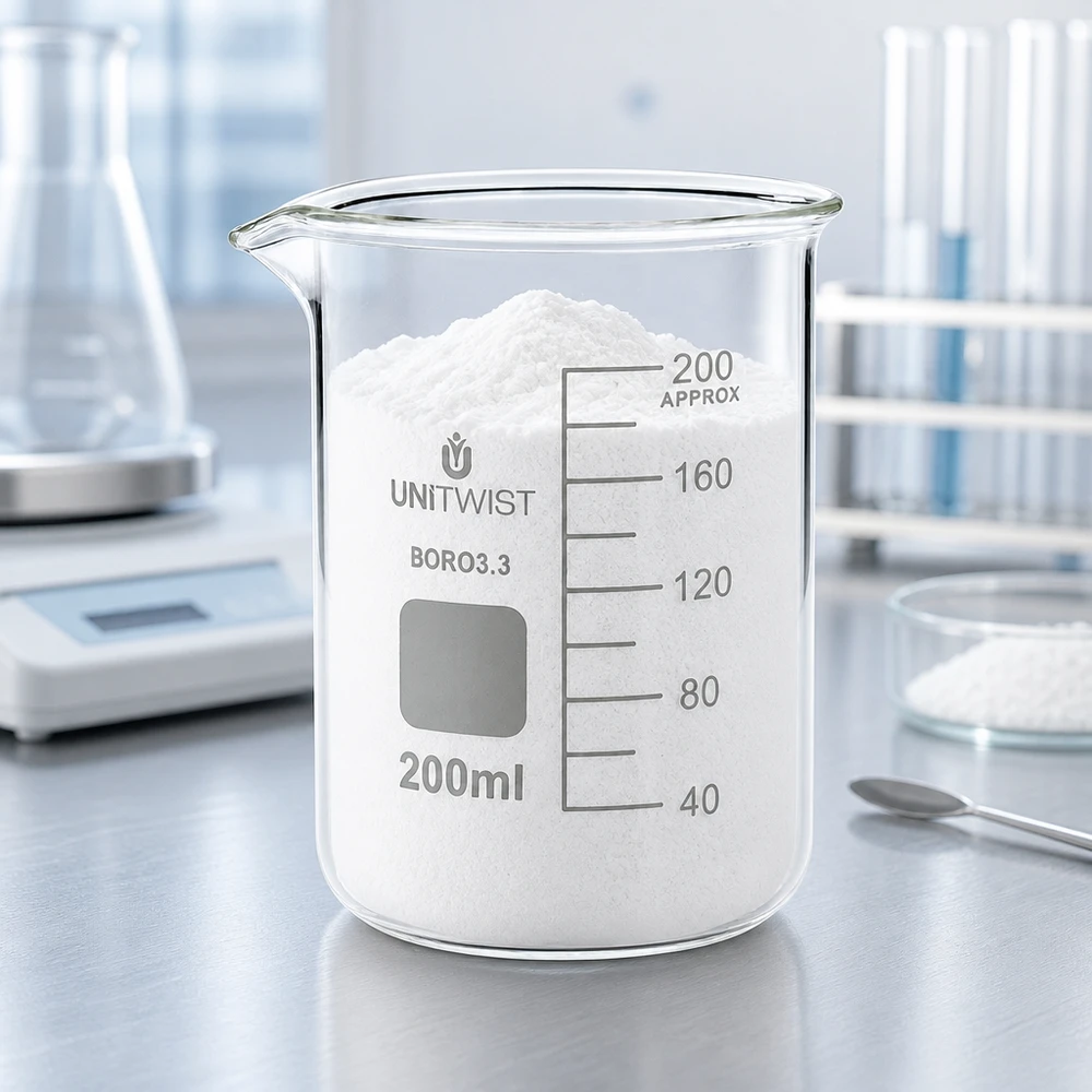 Laag glasbeker van 200 ml voor vaste stoffen en poeder, vervaardigd uit chemisch bestendig glas