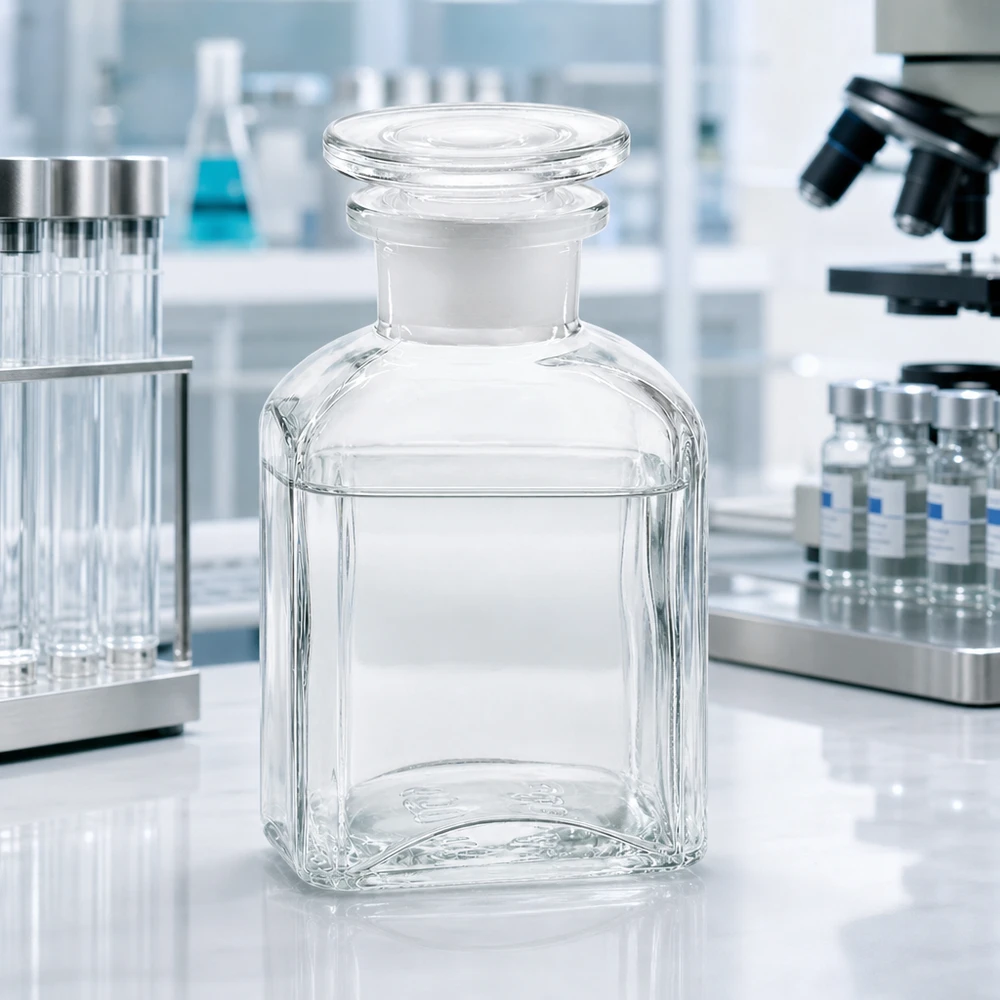 Vierkant-apothekersfles 150 ml wijde hals helder glas incl. glazen stop Apothekersfles van 150 ml, helder, vierkant, met een brede hals en een ronde glazen stop die goed in de hand ligt