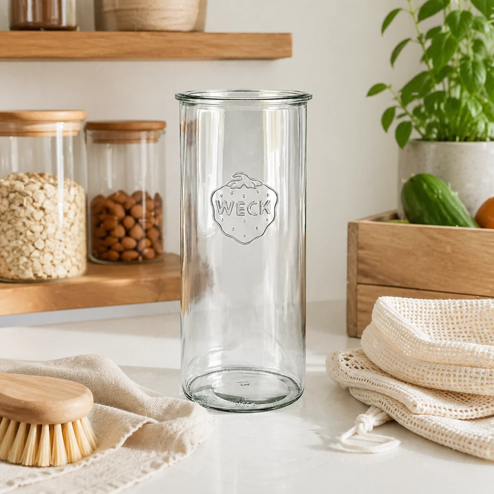 WECK RR100-pot van 1500 ml 1500ml WECK RR100 mason jar in een moderne keuken met houten planken en duurzame producten
