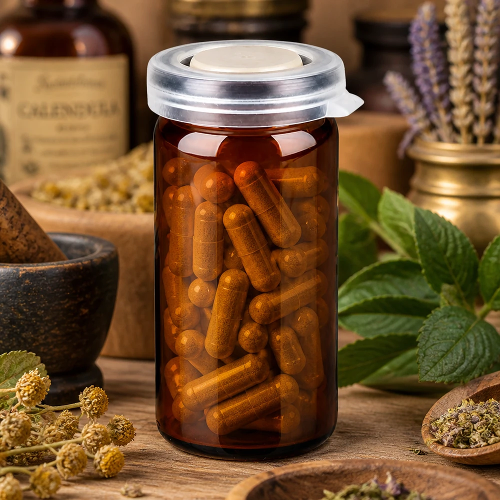 Compact pillenglas van 10 ml, bruin, met kliksluiting, in een natuurlijke kruidenstijl