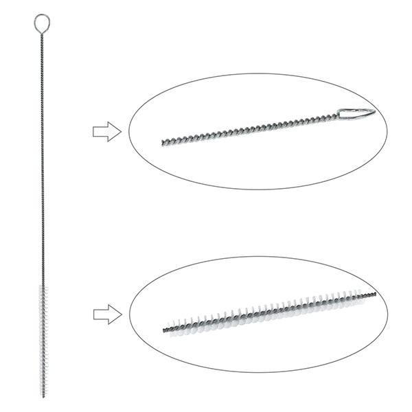 Reinigingsborstel rond maat M met oogje ⌀6mm. Ideaal voor het schoonmaken van pipetten en trechters. Gemaakt van nylon haren. 27 cm totale lengte.