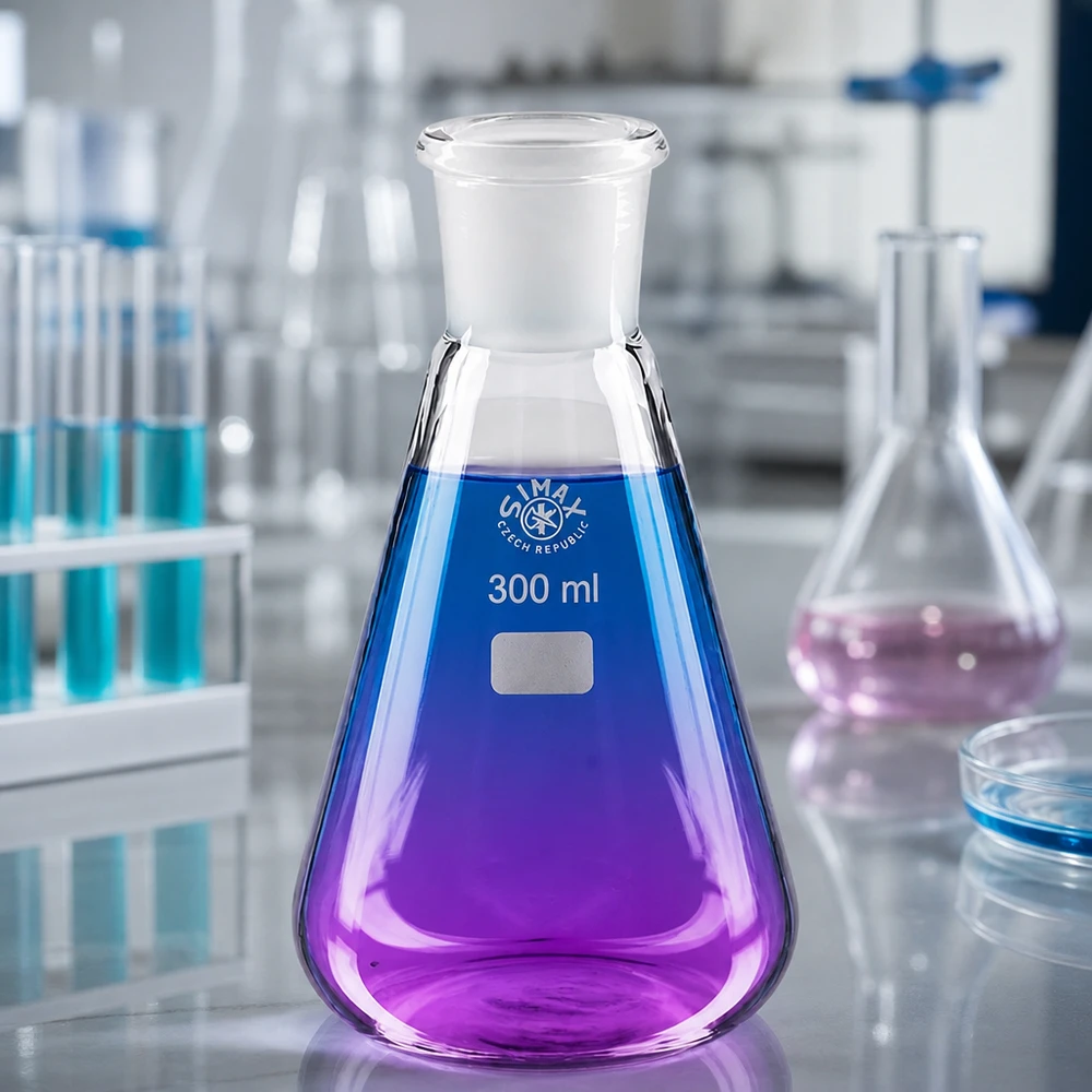 Erlenmeyer 300ml nauwe hals borosilicaat met slijpstuk 29/32 Erlenmeyer 300 ml met ergonomische kolfvorm voor optimaal draaien en mengen