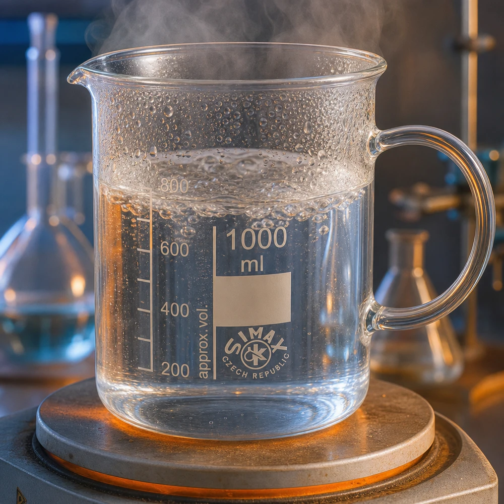 Bekerglas 1000 ml van hittebestendig borosilicaatglas met handvat Maatbeker van borosilicaatglas van 1000 ml met handvat, verwarmd op een elektrische kookplaat