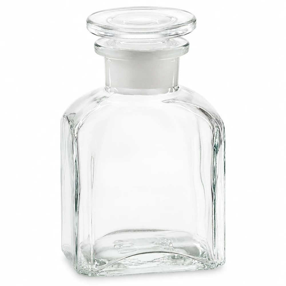 Vierkant-apothekersfles 150 ml wijde hals helder glas incl. glazen stop 150 ml vierkante, heldere glazen laboratoriumfles met luchtdichte glazen stop