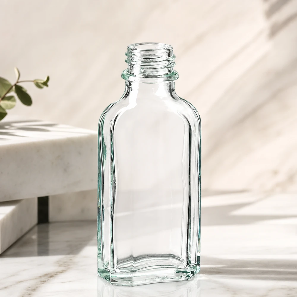 Meplat-flesje van helder glas, 50 ml, plat model, ideaal voor parfum en serums